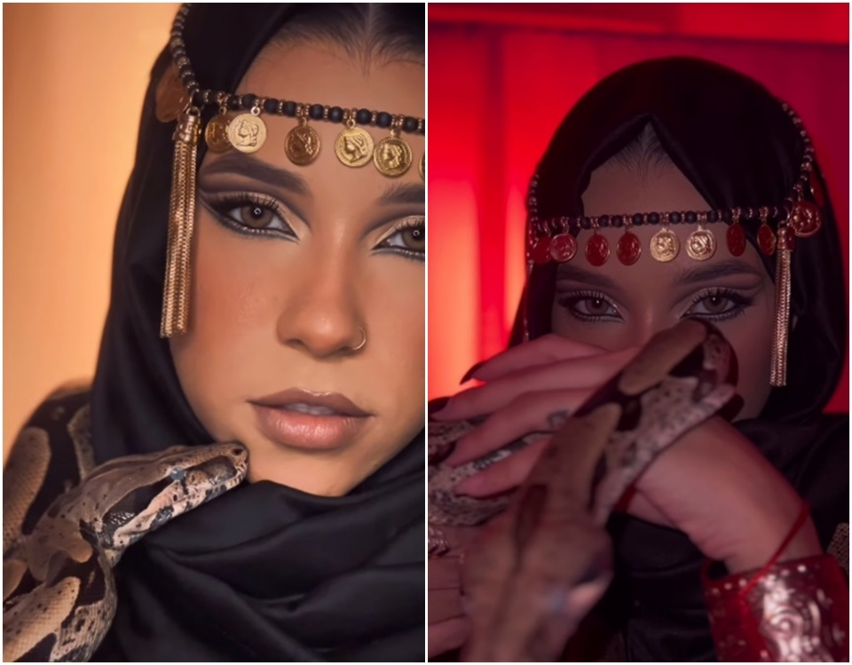 Influenciadora de Cuiab usa jiboia de quase 2 metros e viraliza com trend Asoka Makeup; veja os vdeos