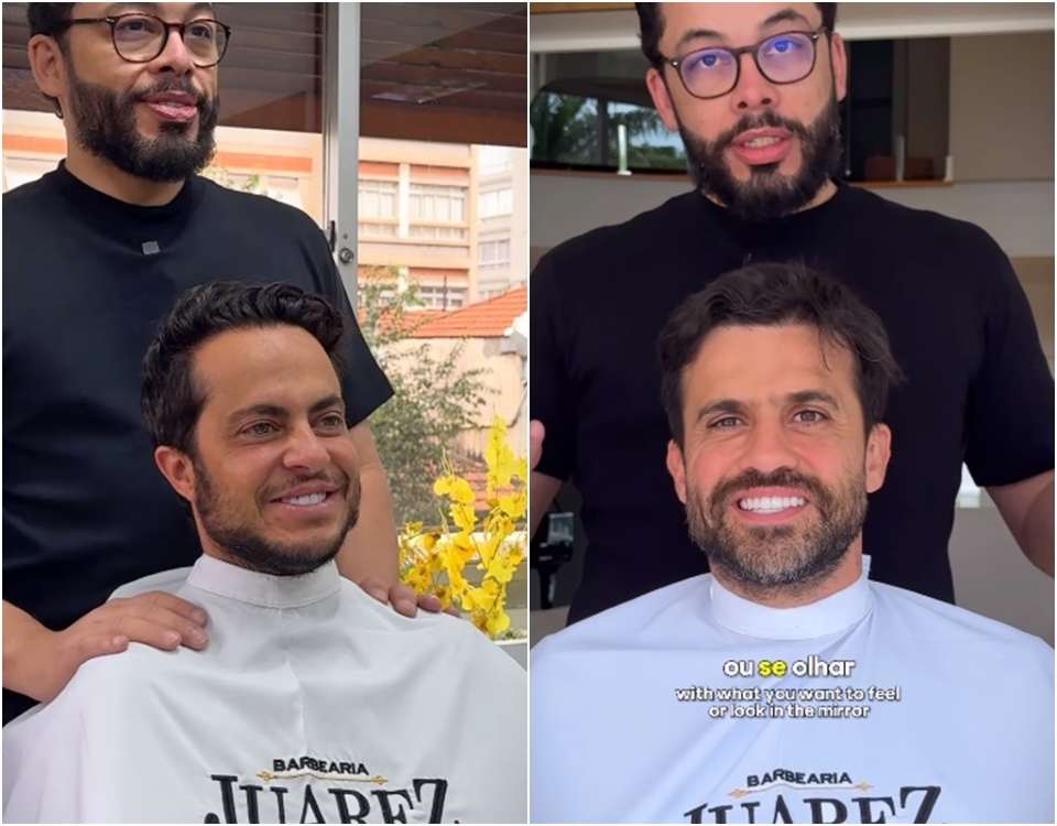 Thammy Gretchen e Pablo Maral transformam visual com barbeiro de Cuiab famoso por fazer 'milagres' com as tesouras