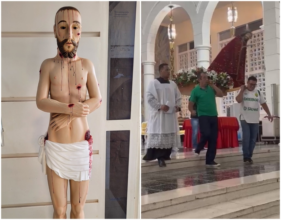 Cinco meses depois de ser derrubada por fieis, imagem do Senhor Bom Jesus de Cuiab retorna  igreja